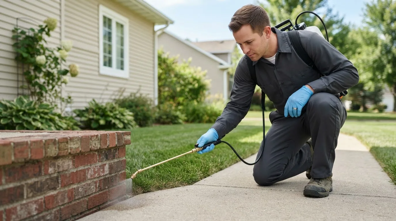 Pest control technician treating a home near East Hardwick, VT