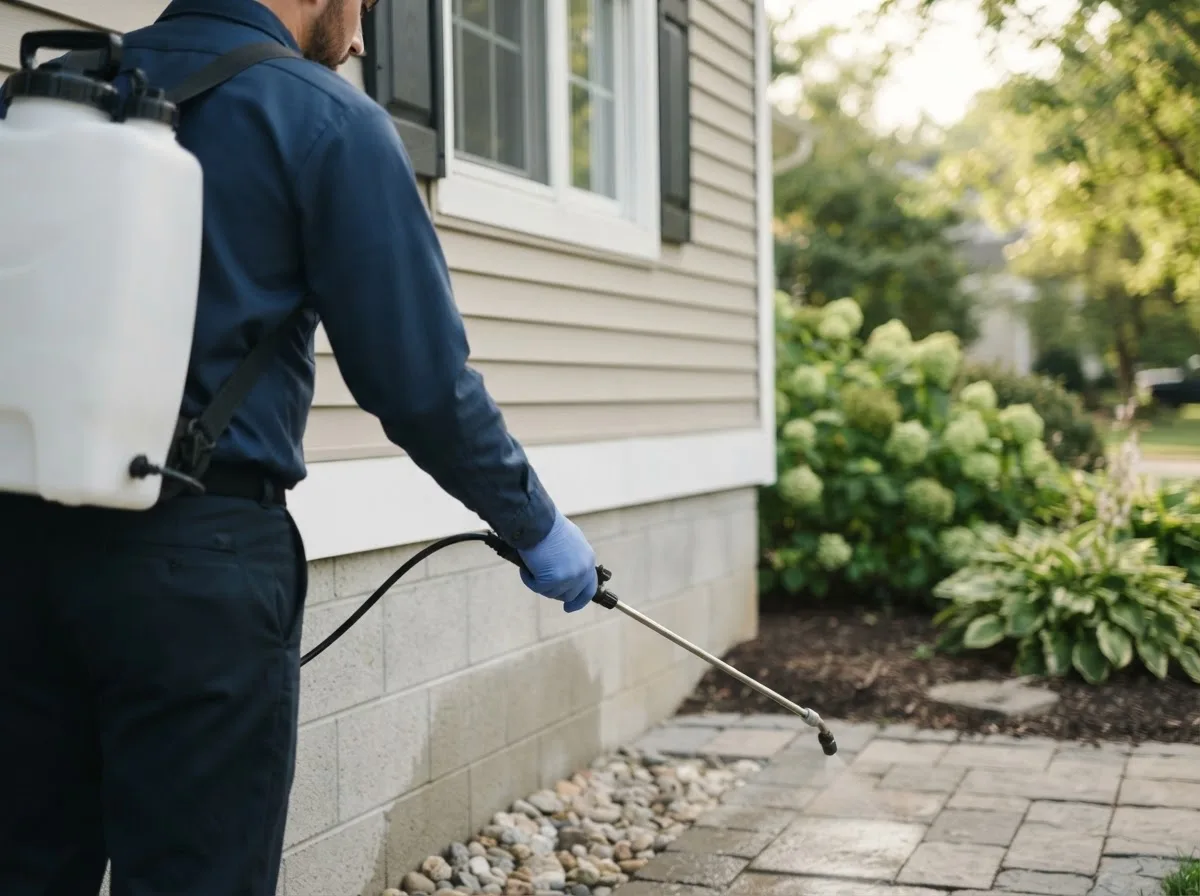 Pest control technician inspecting a home in East Hardwick, VT